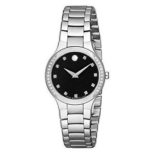 0606491 Movado Serio Stainless Steel Black Dial Diamond Set Bezel Swiss Watch