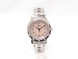 Pre-owned Hermes CL4.230 Clipper Nacres Pink Diamond SS Quartz Ladies watch,AS
