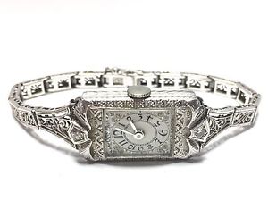 Vintage 19K / 14K White Gold .11ctw Diamond Filigree Quartz Watch GV111847