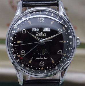 VINTAGE 1950's Zodiac Triple Date Moonphase 34mm Steel Automatic Mens Watch Box