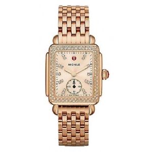 NEW MICHELE DECO 16 ROSE GOLD-TONE BEIGE DIAMOND DIAL LADIES WATCH MWW06V000093