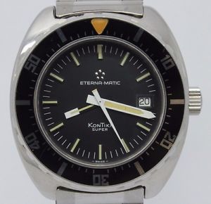 VINTAGE 1970s Eternamatic Kontiki Super Mens 40mm Steel Divers Watch 633.1018.41