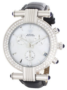 Aqua Master Mens Chrono Pearl Dial Black Leather Band Diamond Watch W#93_23_1