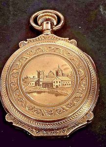 1884 Elgin Pocket Watch Huge Size 16 Ornate 14K Gold Huge Boxed Hinge Case