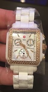 New Michele Deco Chronograph Diamond White Ceramic Gold Watch MWW06F000003