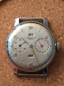 Vintage Universal Geneve Triple Calendar Steel Wristwatch w/ Fancy Lugs