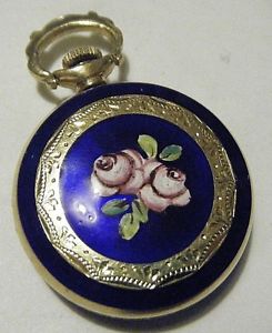 GENEVE ESTATE ORNATE 1" POCKET SWISS WATCH 18K GOLD ROSES BLUE ENAMEL MECHANICAL
