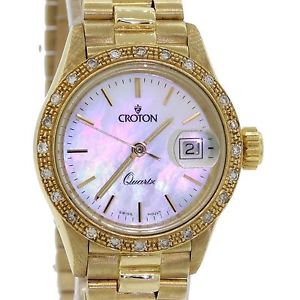 Ladies Croton Solid 14k Gold Date 26mm Quartz Multi Bezel Diamond Watch