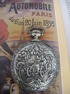 Rare Antique 16s Silver Repousse Car Pocket Watch 1895 Paris Motor show