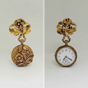 Art Nouveau 14K Gold Diamond Embossed  Lapel Watch & Matching Pin Circa 1909