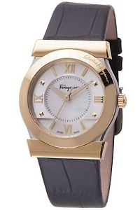 Ferragamo Women's FI1970015 VEGA Gold IP MOP Dial Black Leather Wristwatch