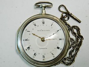 c.1735 Rare London Calendar Date Verge Fusee Silver Pair Case Large Pocket Watch