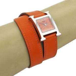 Hermas Paris Stainless Steel H Wrist Watch Double Tour Orange Leather Band w/Box