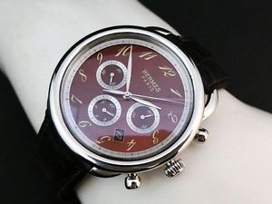 HERMES "ARCEAU" AR4.910 Automatic Chronograph Men's SS Watch BROWN Leather Band