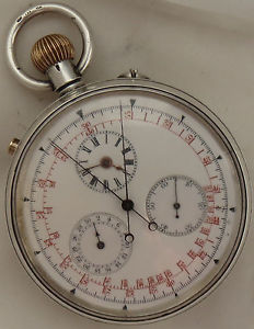 XFine Rare Chronograph Rattrapante Pocket Watch Silver Case 54,5 mm. in diameter