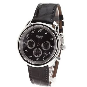 HERMES Arceau Chronograph Steel Automatic Watch AR4.910 Crocodile Croc Used Rare