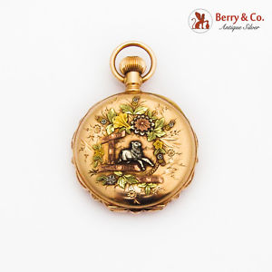 Swiss Multi Colored 14K Gold Floral Pocket Watch Boxed Case Fancy Deal