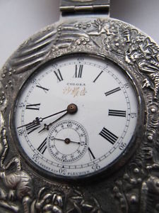 RARE ANTIQUE SILVER SWISS POCKET WATCH COLOSA CHINA MARKET TURTLE BOX DRAGON