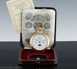 Grand complication pocket watch Badollet Genéve 1890 Original box & Papers 18k