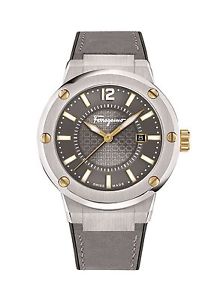 Salvatore Ferragamo Mens FIF070016 F-80 Black Leather Grey Dial Luminous Watch
