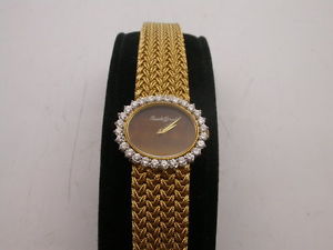 VINTAGE 18K BUECHE GIROD 1.75 CT DIAMOND BEZEL TIGERS EYE DIAL LADIES WATCH 70 g