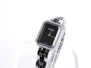 Auth CHANEL Premiere Ladies Watch H2163 Diamonds Ceramic Steel Silver Black 4376