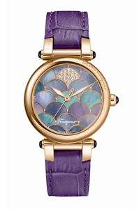 Ferragamo Women's FI2040013 IDILLIO Diamond Gold IP Purple Leather Wristwatch