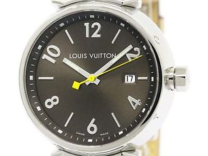 Polished LOUIS VUITTON Tambour Steel Leather Quartz Mens Watch Q1111 (BF111771)