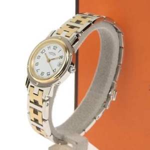 Hermes Clipper Women Wrist Watch Luxury Quartz Stainless Steel Silver Gold Auth