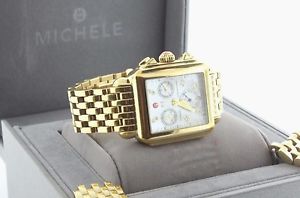 Michele Watch Deco Gold Tone 0.05ct Diamond Pearl Dial Chronograph- MW06P00A9046