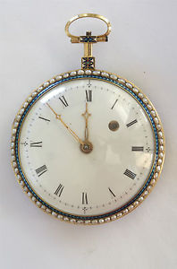 ENAMEL PEARL SET SOLID GOLD PAIR CASE VERGE FUSEE ANTIQUE POCKET WATCH - 1800