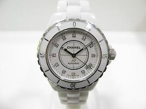 Authentic CHANEL J12 Watch Stainless Steel Ceramic 12P Diamonds Men H1629