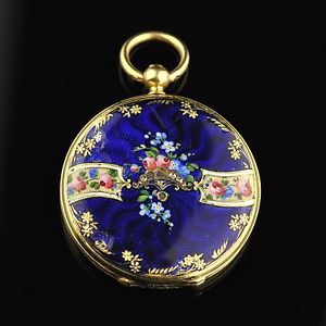 Antique 14K gold Lady`s pendant watch with guilloche enamel and diamonds