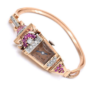Vintage Retro Watch Signed by Dinhofer Diamond and Ruby in Solid 14k Rose Gold