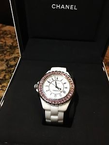 CHANEL J12 Automatic H2011 White Ceramic Diamond Dial Pink Sapphire Bezel 42MM