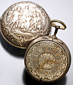 Rare Signed 18 Size Silver Repousse 1685 Pair Case Verge Pocket Watch