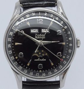 VINTAGE Zodiac Automatic Calendar Mens Steel Triple Date Moonphase Watch Gilt