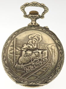 ÜBERGROSSE ARGENTAN  PRUNK-TASCHENUHR "Relief Dampf- Eisenbahn" von ca 1880