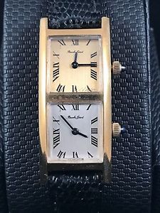 LADIES VINTAGE BUECHE GIROD DUAL TIME WATCH TOP CONDITION 18K YELLOW GOLD CASE