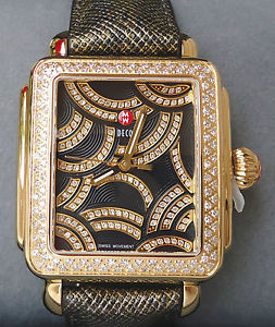NEW $2995 Michele Deco Diamond Watch Black Face Gold Leather Strap MWW06T000133