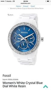 Fossil Es2666 Woman's White Crystal Blue Dial White Resin Watch