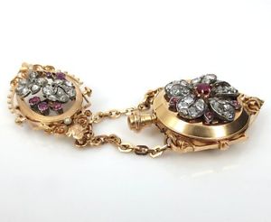 French Victorian Diamond & Ruby 18K Rose Gold Pocket Watch FOB
