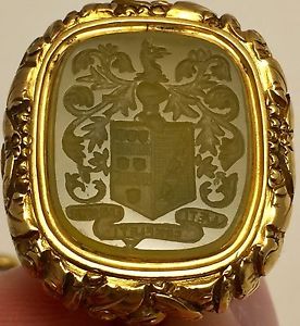 Antique Gold Watch Fob Wax Seal 18k with Engraved Stone of Family or Royal Seal