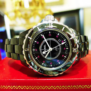 Ladies CHANEL J12 Ruby Dial Round 34mm Black Ceramic Watch