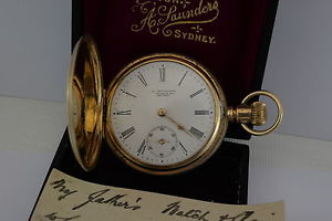 14ct Full Hunter Waltham Traveler Pocket Watch /B.W.C. Case/Saunders Sydney Dial