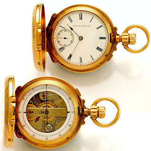 18K ROSE GOLD 14 SIZE BOX HINGE DOUBLE DIAL CHRONOGRAPH WALTHAM POCKET WATCH