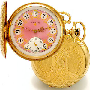16 Size 17 Jewel 14K Gold Hunter Case Elgin Pocket Watch wtih Fancy Dial CA1905