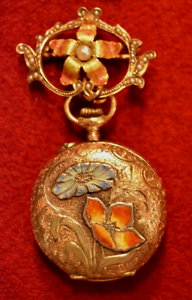 LADIES EDWARDIAN PENDANT WATCH 18K GOLD ENGRAVED WITH ENAMEL INLAY W/14K BROOCH