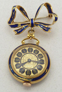 Vtg Toliro 18k Yellow Gold & Enamel Ladies Reversible Brooch Watch; 17 Jewel ...