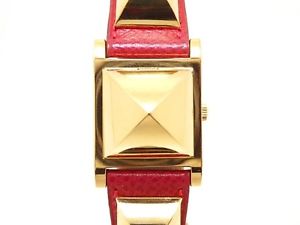 HERMES Medor Gold Red Leather White Dial Quartz Ladies Watch Body Only EC #1027